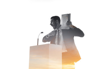 Wall Mural - Rules. Speaker, coach or chairman during politician speech isolated on white background. Double exposure - truth and lies. Business training, speaking, promises, economical and financial relations.