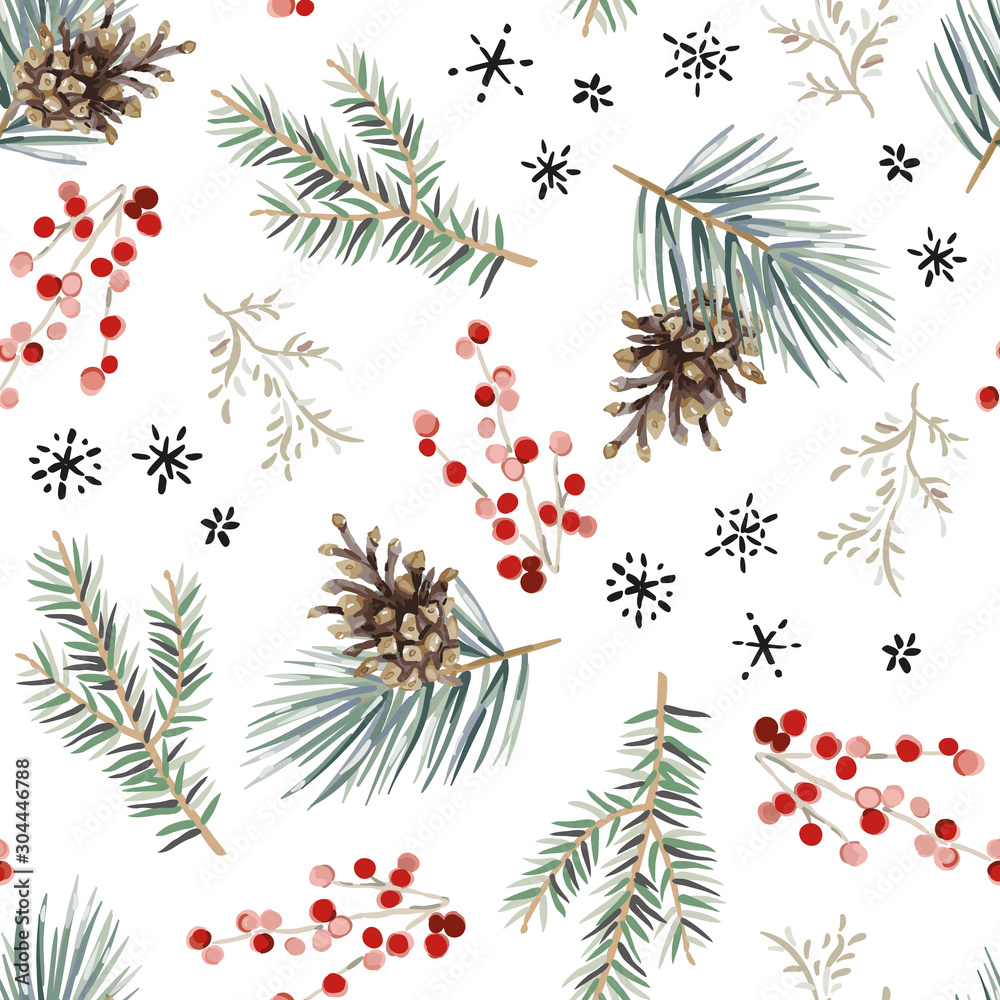 Christmas seamless pattern, white background. Forest green fir, pine twigs, cones, red berries, snowflakes. Vector illustration. Nature design. Season greeting. Winter Xmas holidays - obrazy, fototapety, plakaty 