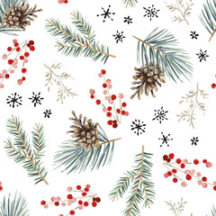 christmas seamless pattern, white background. forest green fir, pine twigs, cones, red berries, snow