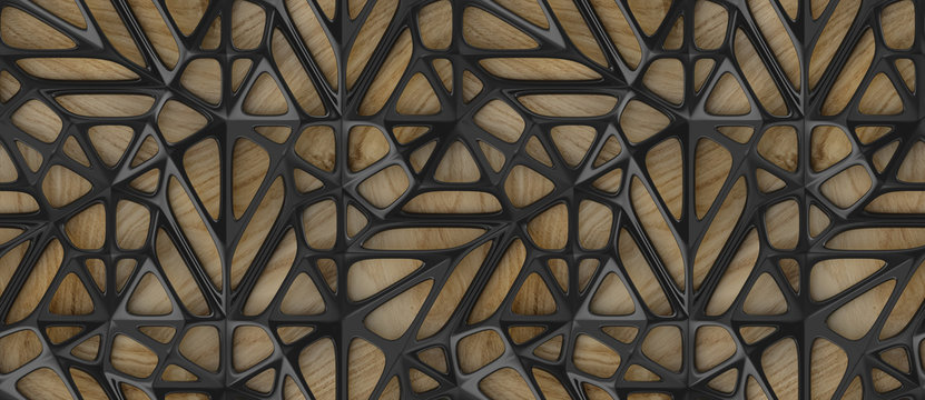 Wall Mural -  - 3d black lattice tiles on wooden oak background