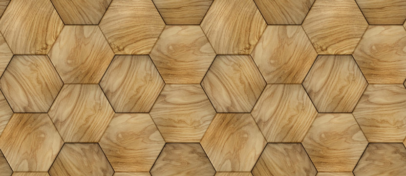 Wall Mural -  - 3D Wallpaper of wood design hexagon 3d panels with plywood decor. Material wood oak. High quality seamless realistic texture.