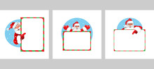 Christmas Card. Set Of 3 Templates With Santa Claus Formal For Your Christmas And New Year Design: Greeting Cards, Banners, Posters. Colors In The Picture: Red, Blue, White. Vector Graphics.