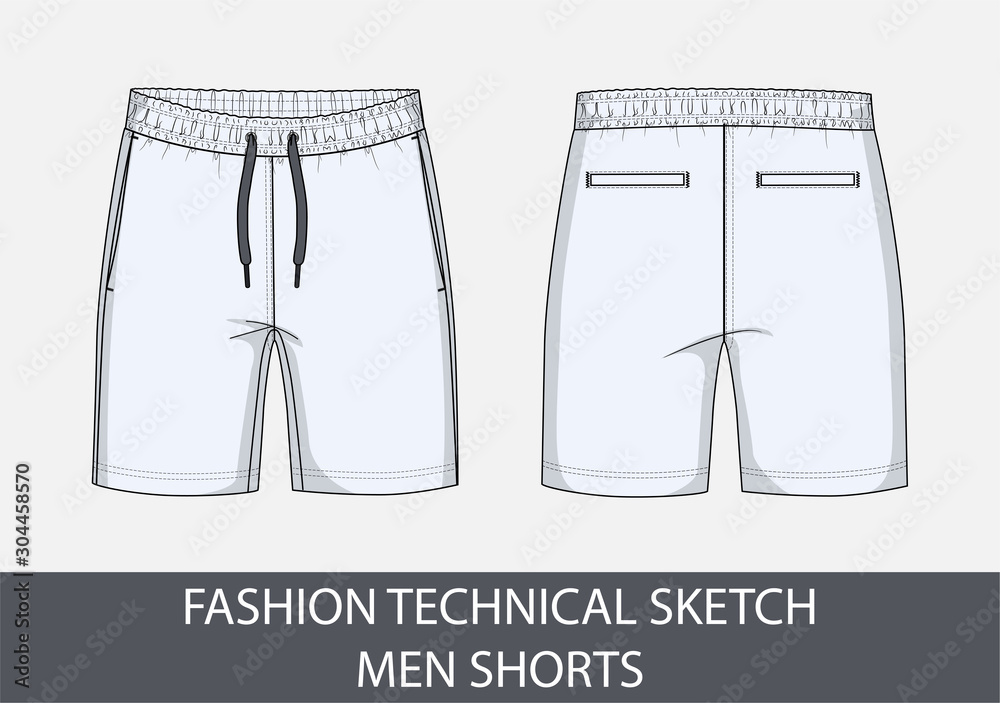 Fashion technical drawing sketch for men shorts in vector graphic - obrazy, fototapety, plakaty 