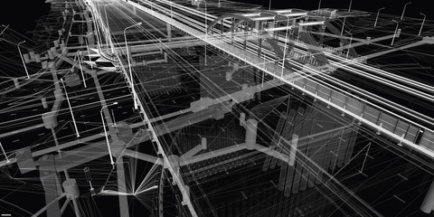 Wall Mural - the bim model of the object of transport infrastructure of wireframe view