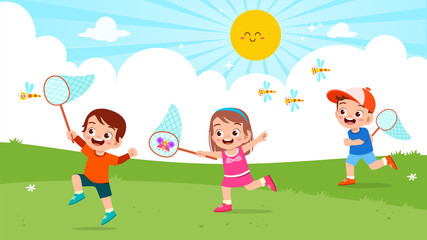 Wall Mural - happy cute kids boy and girl catch bug