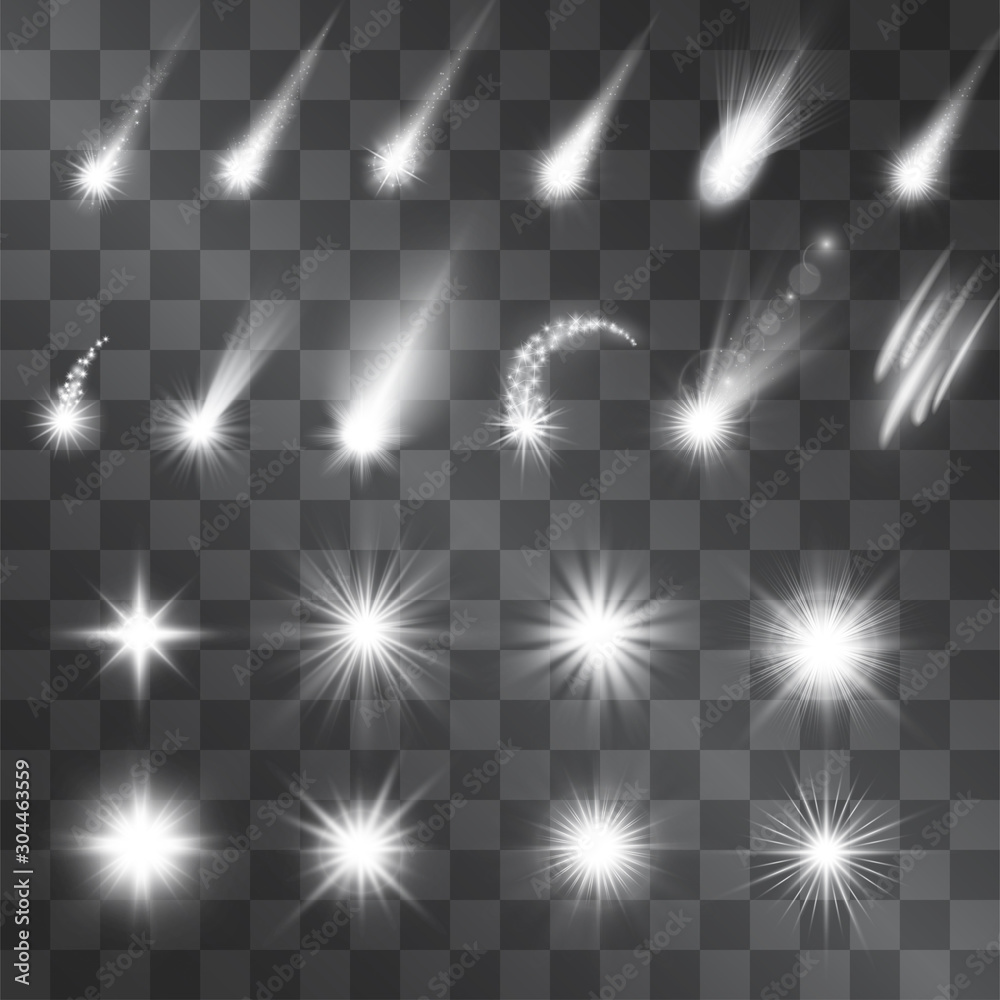 Vector silver sparkle light effect, meteorites, shooting stars. Decorative white illumination shining sources. Glistening set of flashes and highlights on transparent background for decorative purpose - obrazy, fototapety, plakaty 