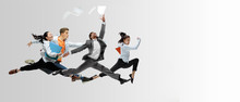 Happy Office Workers Jumping And Dancing In Casual Clothes Or Suit With Folders On White. Ballet Dancers. Business, Start-up, Working Open-space, Motion And Action Concept. Creative Collage. Copyspace