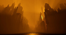 Sci Fi City Abandoned Landscape. Dark Street House Yellow Fog Smoke Fire. Abstract Concept Background. 3D Rendering