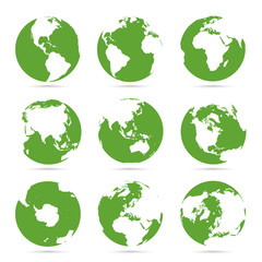Wall Mural - Globes icon collection. Green globe. Planet with continents Africa, Asia, Australia, Europe, Antarctica, North America and South America