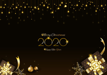 Wall Mural - Merry Christmas Background design with glowing glittering lights curtain and gift boxs