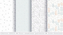 Four Seamless Patterns With Cute Bunnies. Cartoon White Rabbits On A Light Pastel Background. Linear, Outline Drawing.