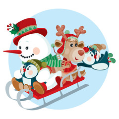 a snowman, a deer, and two penguins ride a sled on a hill and enjoy the winter holiday, New Year and Christmas,