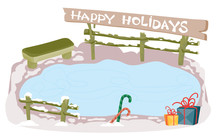 Winter Ice Rink With A Bench. It Is A Background For A Happy New Year Or Christmas Card,