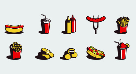 illustration of fast food and drinks, burgers, sausages, sauces, french fries, bread and hot dog