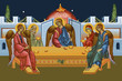 The Hospitality of Abraham. Holy Trinity. Illustration in Byzantine style.