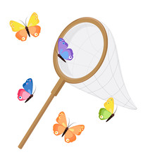 Butterfly Net And Colorful Butterflies. Classic Net Design, Wooden Handle. Vector Illustration Isolated On White Background.