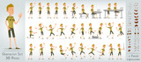 Fototapeta  - Cartoon funny cute blonde scout boy character in green uniform. 30 different poses and face expressions. Isolated on white background. Big vector icon set.
