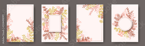 Wild herb twigs, tree branches, flowers floral invitation cards set. Plants b...