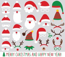 Santa Claus And Elf Hats, Reindeer Antlers, Christmas Party Vector Set