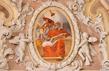 Wall Mural - RIVA DEL GARDA, ITALY - JUNE 13, 2019: The baroque fresco of St. Jerome doctor of the west catholic church in church Chiesa di Santa Maria Assunta  by Teofilo Polacco from beginn of 19. cent..