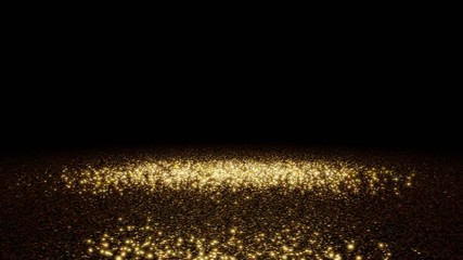 Wall Mural - golden glitter on a stage lit by a bright light moving across the floor from the bottom up, in front of a black background, 4k