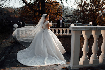 Autumn wedding. Pretty bride and stylish groom. Young bride posing in wedding luxury dress with train. Wedding photography in autumn. Happy bride and groom on their wedding day. The wind waves the vei