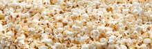 Popcorn Background And Texture. Panorama. Side View. Banner.