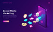 Social media marketing, viral mms, vector isometric concept. 3D mobile phone screen with large magnet attracting social media content icons, like and followers, chat messages, ultraviolet app web page