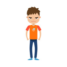 The Cute Brown-haired Boy Standing In Blue Pants With An Angry Face. Vector Illustration In Flat Cartoon Style.