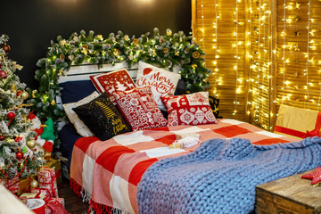 bedroom interior in dark decoration decorated for Christmas