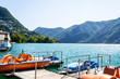 Pedalos docked in Lake Lugano, Switzerland
