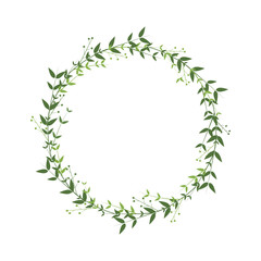 Elegant delicate wreath with green leaves and twigs with berries. Vector flat illustration. Border isolated on a white background. Laconic spring logo, symbol. Round frame with place for text.