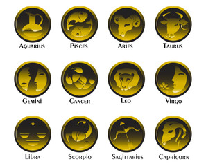 Wall Mural - Set of twelve signs of the zodiac on the background of gold circles. Prediction of the future. Illustration. Isolated on white background