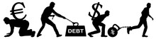 Man Is An Economic Slave To Money. People Carry A Heavy Burden Of The Dollar And The Euro. Duty Holds A Man On A Chain. Chained Kettlebell On A Person’s Leg With A Loan Interest. Vector Silhouette