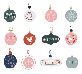 Wall Mural - Christmas balls. Set of hand drawn christmas baubles. Doodles and sketches vector illustration. Decoration isolated elements. modern hand drawn baubles. Scandinavian style.