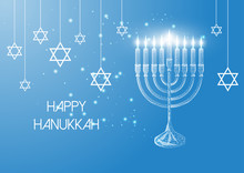 Happy Hanukkah Greeting Card With Glowing Low Poly Menorah And Burning Candles On Blue Background.