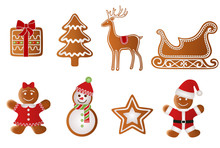 Christmas Gift, Tree, Reindeer, Sled, Girl, Snowman, Star And  Santa Claus Gingerbread  Vector