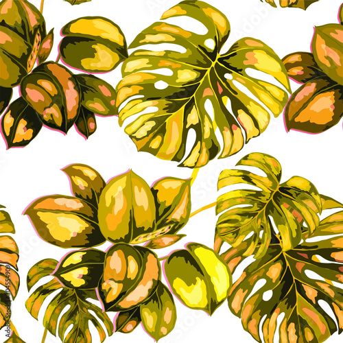 Seamless pattern with tropical leaves. Beautiful allover print with hand draw...