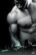 Muscular male bodybuilder doing biceps curl with dumbbell