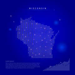 wisconsin us state illuminated map with glowing dots. dark blue space background. vector illustratio