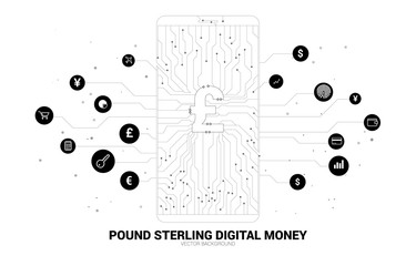 Poster - Vector money pound sterling icon in mobile phone screen from dot connect line circuit board style. Concept for digital money and fintech.