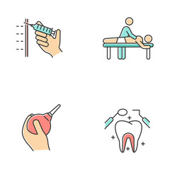 Sticker - Medical procedures color icons set. Injection with syringe. Massage. Lavement. Dental care. Oral health. Clinical aid. Masseur and patient. Constipation help. Isolated vector illustrations