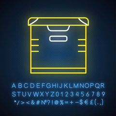 Canvas Print - Storage neon light icon. Chest. Box for storing goods. Allocated space in warehouse for things. Apartment amenities. Glowing sign with alphabet, numbers and symbols. Vector isolated illustration