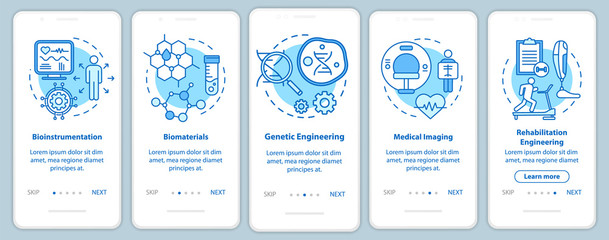 Bioengineering onboarding mobile app page screen with linear concepts. Medical imaging. Five walkthrough steps graphic instructions. Bioinstrumentation. UX, UI, GUI vector template with illustrations