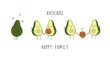 Cute avocado characters, couple in love, young parents, little baby, happy family. Cartoon vector isolated illustration on a white background.