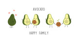 Fototapeta Dinusie - Cute avocado characters, couple in love, young parents, little baby, happy family. Cartoon vector isolated illustration on a white background.
