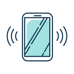 Sticker - Blue ringing smartphone color icon. Mobile voice control idea. Sound command. Loud volume, audio frequency. Phone call, vibro signal. Modern digital device. Isolated vector illustration