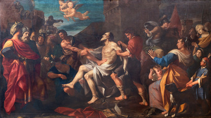 MODENA, ITALY - APRIL 14, 2018: The painting of Martyrdom of St. Bartholomew the Apostle in church Chiesa di San Bartolomeo by Girolamo Negri (1694).