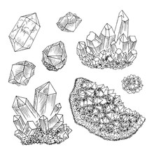 Set Of Crystals Sketch Ink. Hand Drawn Vector Illustration.