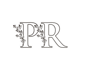 Letter P, R and PR Vintage Floral Logo Icon, Hand Drawn Flower Design.